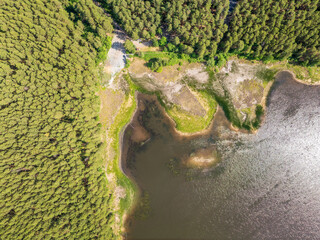 Aerial view of lake or river green shore with forest. Summer season. © Dmitrii Potashkin