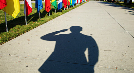 Shadow of a saluting person on a walkway with international flags displayed along the grassy area