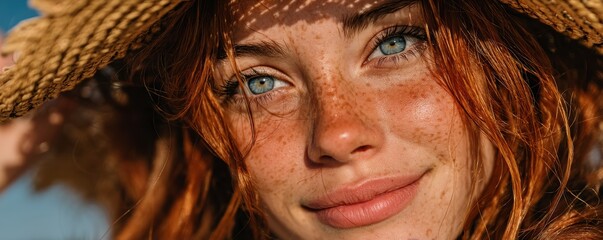 Portrait of a freckled woman with red hair and blue eyes in sunlight
