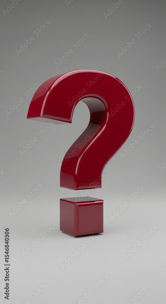 Poster Red glossy question mark on gray background,  a 3D rendering symbolizing inquiry, uncertainty, or query