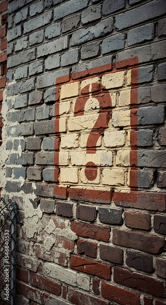 Poster brick wall texture with painted question mark, representing uncertainty, inquiry, or a need for answ