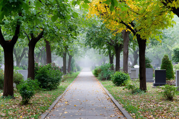 Fototapeta premium Peaceful path through a cemetery, flanked by trees with leaves and tombstones in soft focus