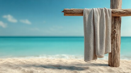 Beach Towel Hanging on Wooden Cross Against Turquoise Ocean and Sandy Shore