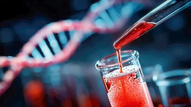 Close-up of a pipette releasing red liquid into a test tube, with a DNA strand in the blurred background under laboratory lighting