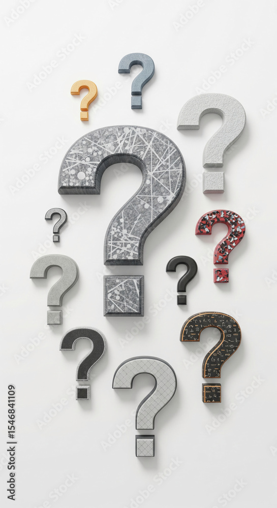 Poster Multiple textured question marks in various colors and patterns arranged on white background, symbolizing inquiry, uncertainty, or brainstorming concepts
