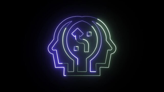 Glowing neon line strategic consulting icon with gear and lightbulb animation. Business strategy animation HD video isolated on black background.

