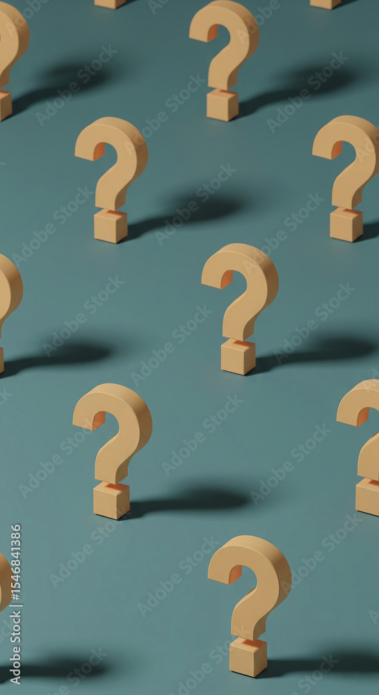 Poster beige question marks on teal background, arranged in a pattern, symbolizing inquiry, uncertainty, or