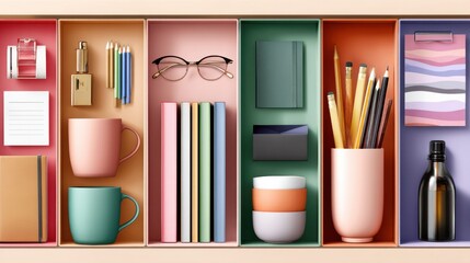 Colorful arrangement of organized school supplies and stationery in compartments