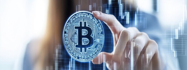 Bitcoin digital coin held in hand with financial data overlay