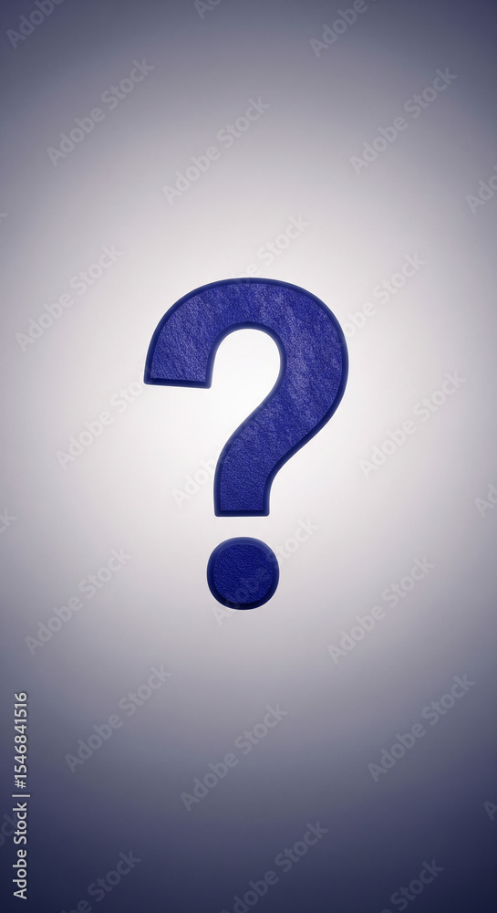 Poster blue textured question mark on light gray background, symbolizing inquiry, uncertainty, or question-