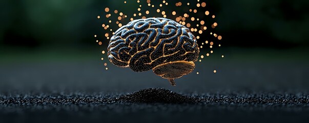 Glowing brain with orange particles floating against dark background illustrates artificial intelligence, machine learning and cognitive enhancement technology.