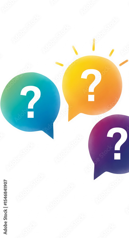 Poster colorful speech bubbles with question marks, symbolizing inquiry, brainstorming, or faq concept idea