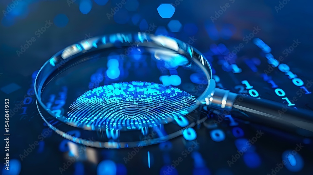 Poster magnifying glass examining digital fingerprint with binary code background in blue technological lig