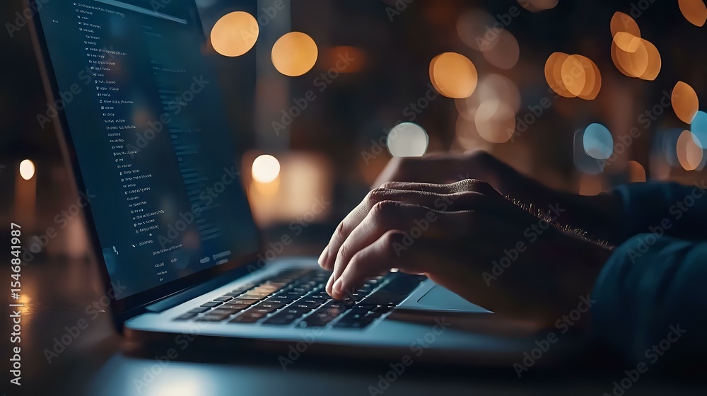 Poster programmer working late at night on laptop with code visible on screen, illuminated by soft bokeh li