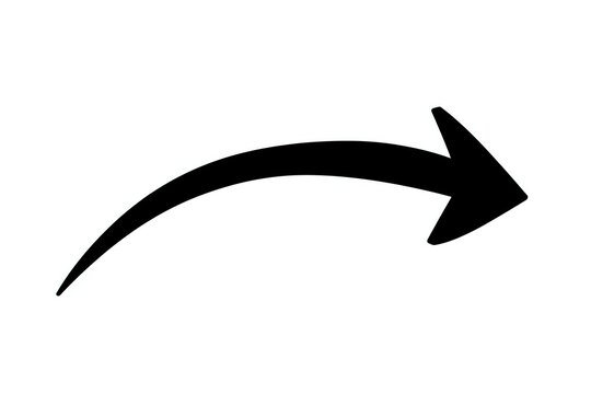 Black curved arrow pointing right with slight upward arc on white background, isolated design element for presentations and graphic projects.