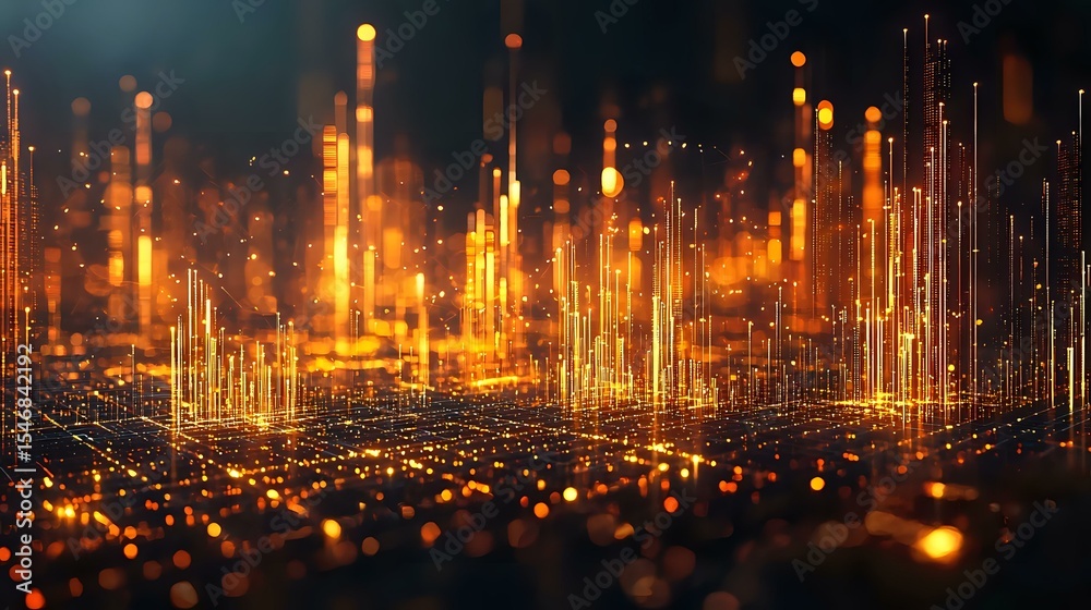 Aufkleber Glowing golden light pillars rising from dark surface create futuristic abstract background with bokeh effect and particle grid pattern. Suitable for tech visuals.
