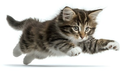 Playful Maine Coon kitten with fluffy fur and white paws stretches out on white background, isolated cutout for design and advertising projects.