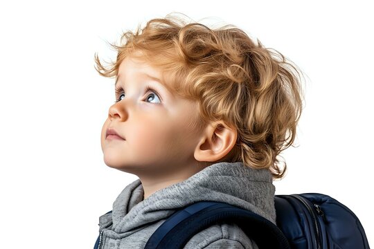 Young boy with curly blonde hair wearing gray hoodie and navy backpack looking up with wonder and curiosity against white background, isolated portrait.