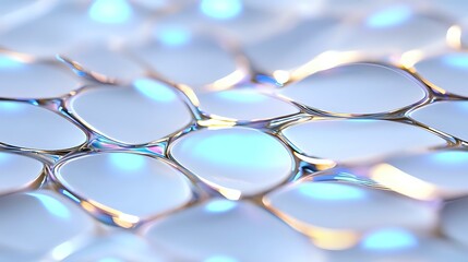Macro view of metallic honeycomb structure with iridescent blue and golden reflections creating abstract geometric pattern. Modern technology and innovation concept.