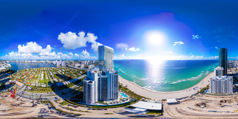 Aerial equirectangular 360 photo simulated view highrise condominium Sunny Isles Beach FL virtual...