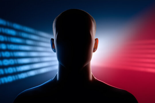 Faceless man silhouette with binary code background, cybersecurity concept, anonymous user privacy, digital identity