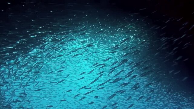 A breathtaking aquatic display unfolds as a large school of tuna swims together gracefully. Witness this stunning gathering in the clear waters of the Philippines.