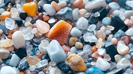 Colorful sea salt crystals and mineral rocks in macro photography showing texture and natural patterns on dark background. Perfect for culinary designs.