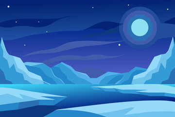 Blue winter nature illustration with snow, a cold moon, and an ice mountain landscape