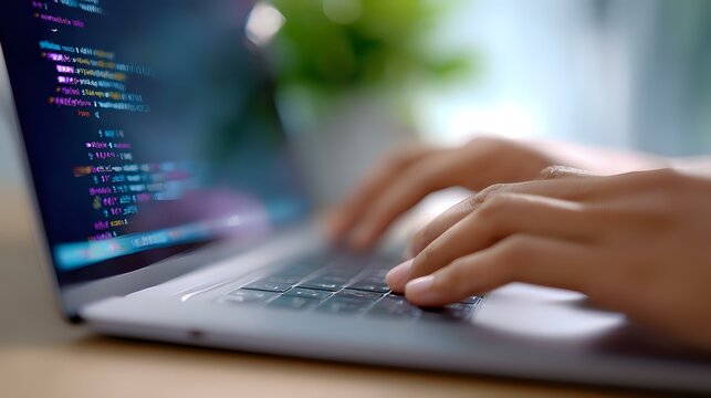 Programmer typing code on laptop keyboard in soft focus with bokeh background, showing software development and modern technology workspace.
