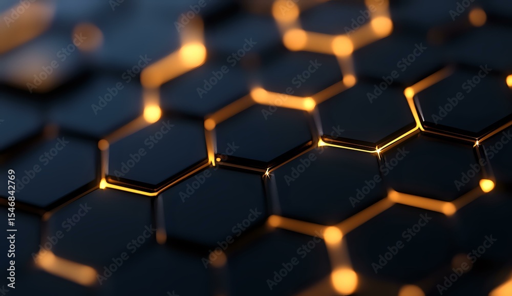 Poster dark hexagonal grid pattern with glowing golden edges and connections, creating a futuristic technol