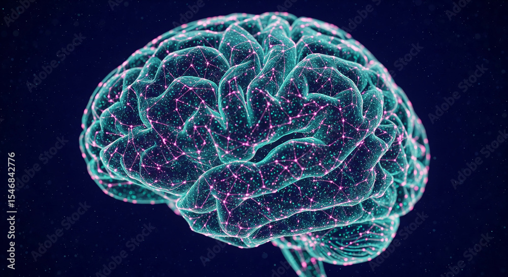 Poster teal and pink neural network rendering of human brain, showcasing intricate connections, symbolizing