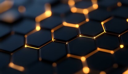 Dark hexagonal grid pattern with glowing golden edges and connections, creating a futuristic technological network structure against black background.
