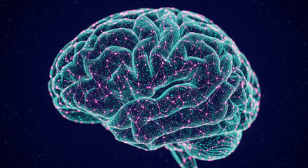 Obraz premium Teal and pink neural network rendering of human brain, showcasing intricate connections, symbolizing intelligence, cognition, and neural pathways