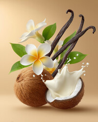 Vanilla pods, coconut and frangipani flowers in an elegant arrangement, with creamy splash on brown background