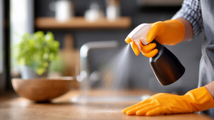 Woman's hand cleaning kitchen countertop with spray bottle, sanitation, hygiene