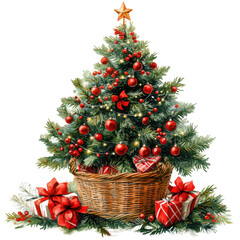 Festive Christmas tree adorned with ornaments and gifts, set against a cheerful holiday backdrop