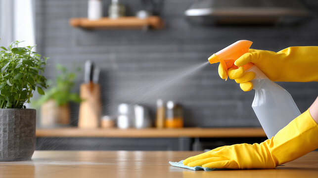 Hands in yellow gloves cleaning kitchen surface with spray and cloth, close up of household hygiene concept