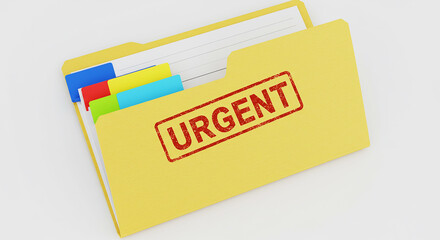 A yellow file folder with an urgent stamp and color coded tabs on a white background is displayed