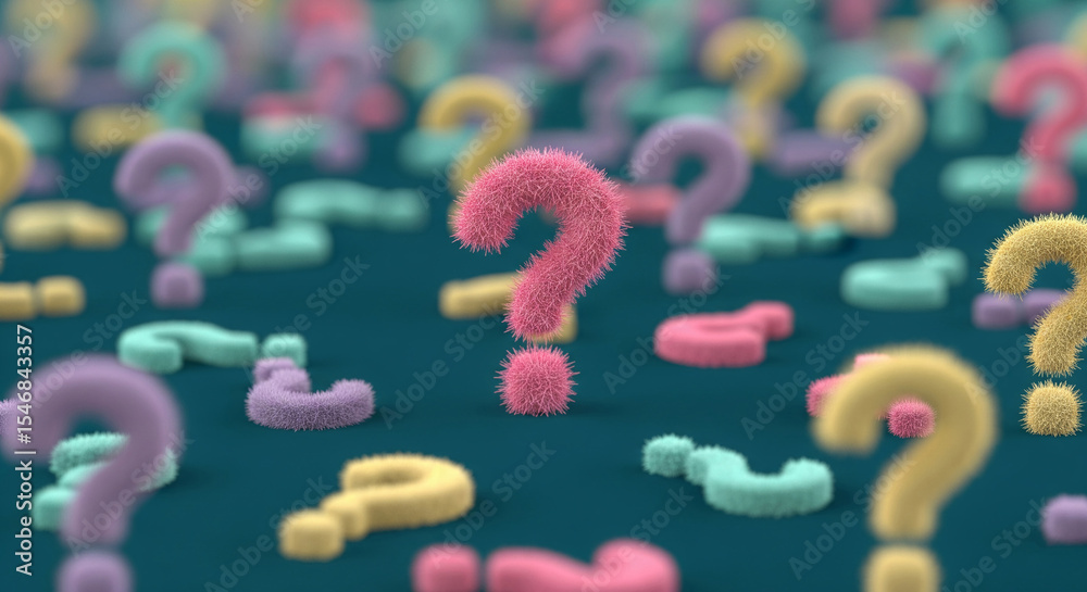 Poster fuzzy question marks in pastel colors on a teal background, symbolizing curiosity, inquiry, and the 