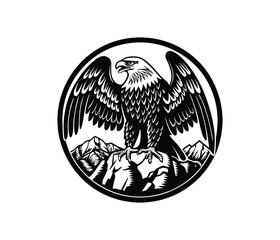 Majestic Eagle Emblem: A bold emblem showcasing an eagle perched atop a rocky landscape, its piercing gaze and outstretched wings symbolizing strength and freedom.