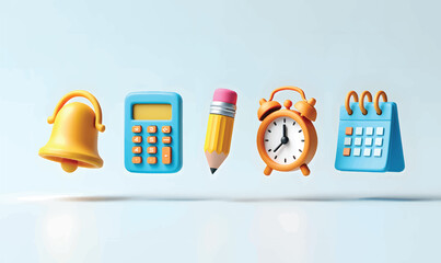 3d render of school supplies bell calculator pencil alarm clock calendar