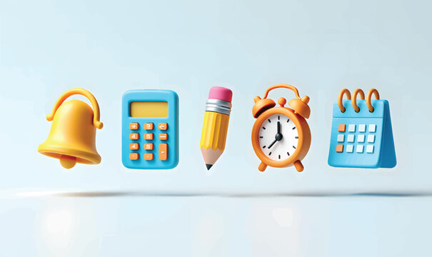 3d render of school supplies bell calculator pencil alarm clock calendar