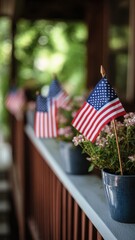 Celebrating Independence Day with flags and flowers on a cozy porch Generative AI