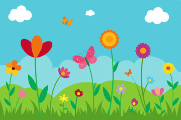 A vibrant illustration of spring flowers and butterflies dancing in a sunny meadow with green grass and a clear blue sky