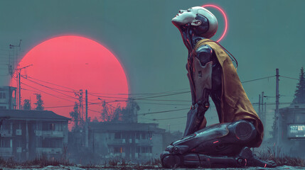Emotional Android Kneeling Before Red Sun in Post-Apocalyptic City
