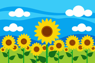 Bright yellow sunflowers stretch across the summer field under a vast blue sky, a vibrant natural landscape