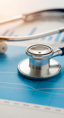 Close-up of stethoscope on blue graph, showcasing medical data analysis, symbolizing healthcare analytics, research, or financial health of medical business