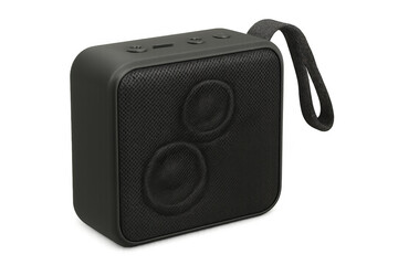 Obraz premium Compact black wireless speaker featuring fabric texture, hanging strap, transparent backdrop