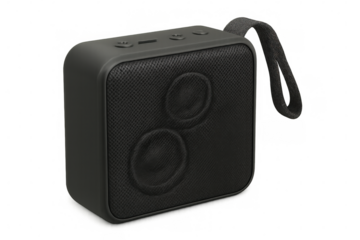 Compact black wireless speaker featuring fabric texture, hanging strap, transparent backdrop