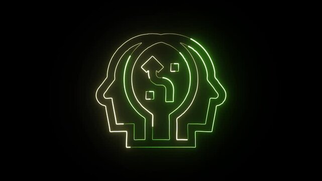 Glowing neon line strategic consulting icon with gear and lightbulb animation. Business strategy animation HD video isolated on black background.

